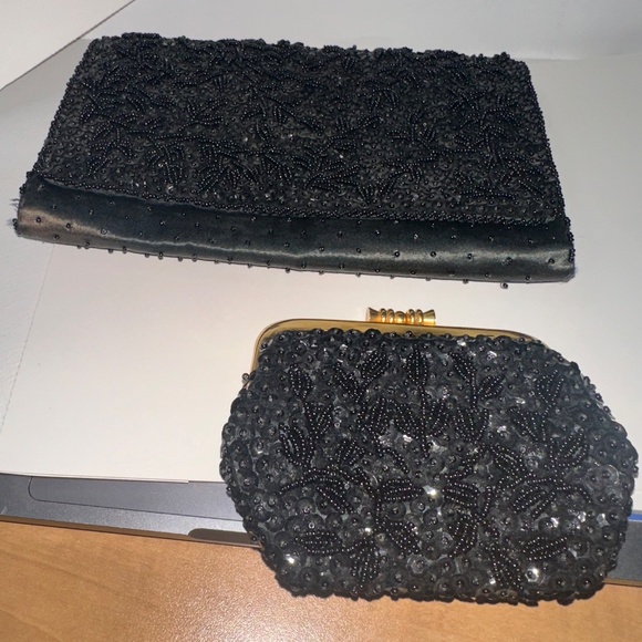 La Regale Vintage Black Beaded Evening Clutch Bags Set  Satin & Bead - Picture 3 of 5